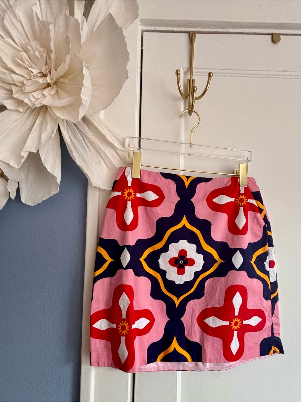 Boden Pink & Navy Geometric Floral Mini Skirt